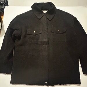 Womens Black Sherpa Fleece Shacket Snap Front Chest Pocket Jacket Teddy Med